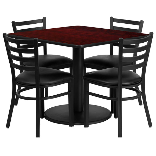 Mahogany Top/Black Vinyl Seat |#| 36inch SQ Mahogany Laminate Table w/ Round Base & 4 Metal Chairs-Black Vinyl Seat