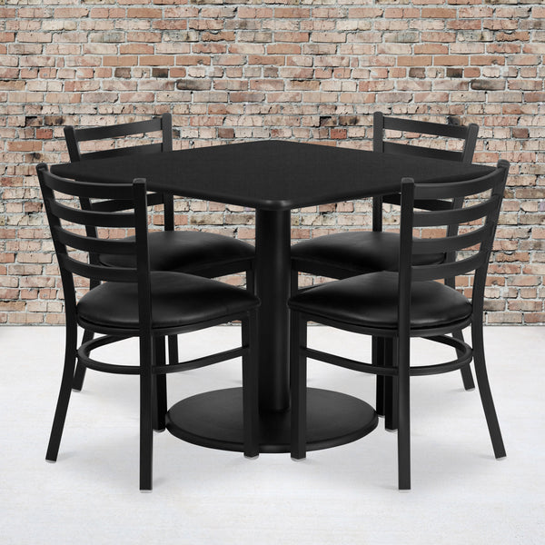 Black Top/Black Vinyl Seat |#| 36inch SQ Black Laminate Table with Round Base & 4 Metal Chairs - Black Vinyl Seat