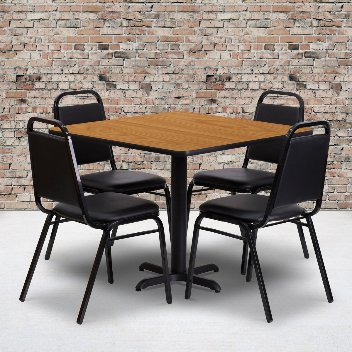 Natural Top/Black Vinyl Seat |#| 36inch Square Natural Laminate Table with X-Base and 4 Black Banquet Chairs