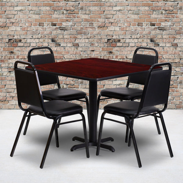 Mahogany Top/Black Vinyl Seat |#| 36inch Square Mahogany Laminate Table with X-Base and 4 Black Banquet Chairs