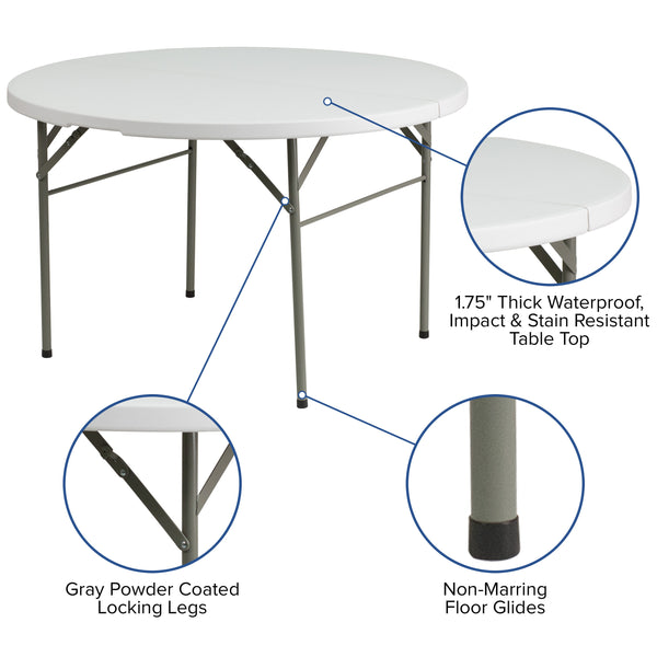 4-Foot Round Bi-Fold Granite White Plastic Event Folding Table with Handle