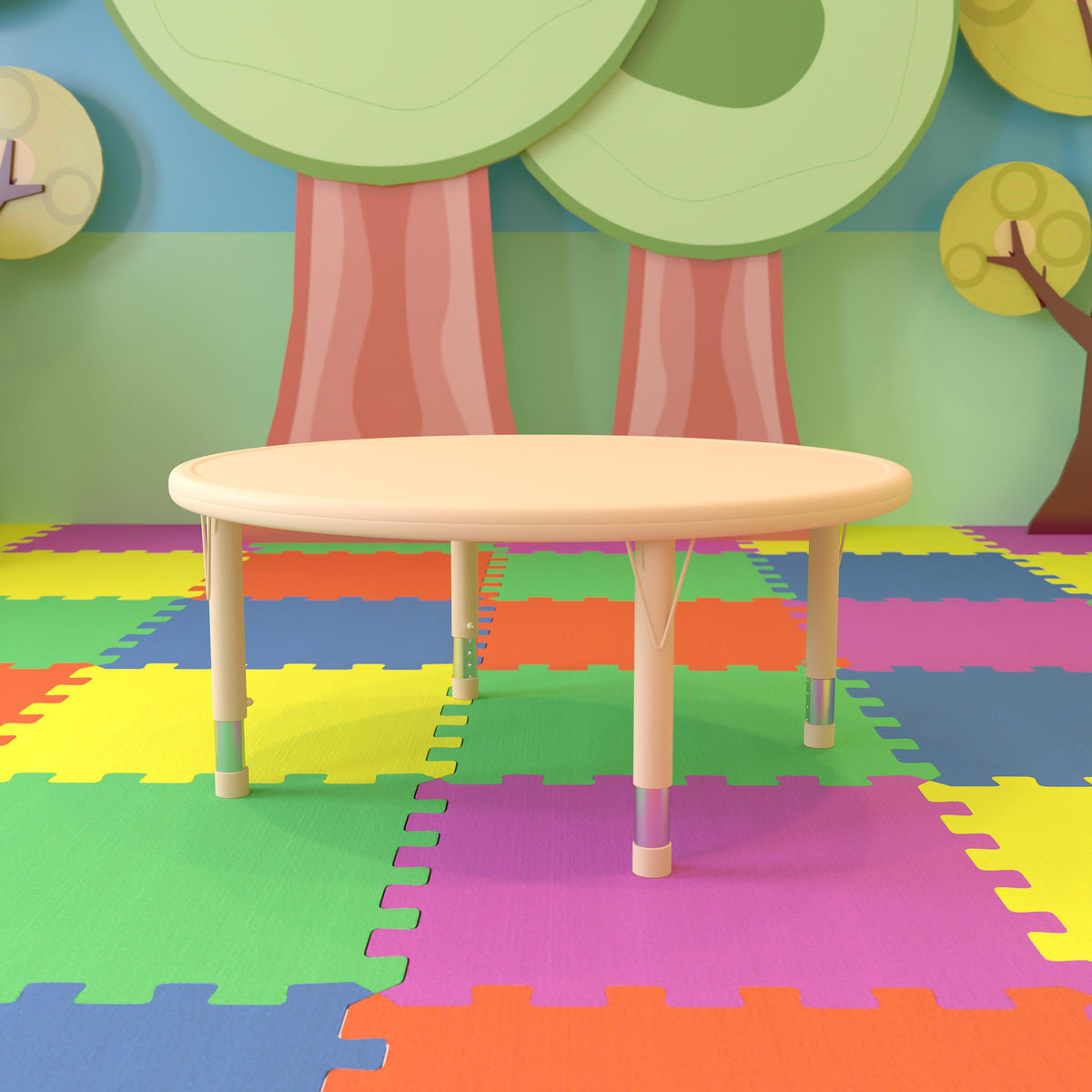 Natural |#| 45inch Round Natural Plastic Height Adjustable Activity Table - School Table for 4