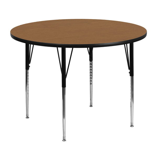 Oak |#| 48inch Round Oak Thermal Laminate Activity Table - Standard Height Adjustable Legs