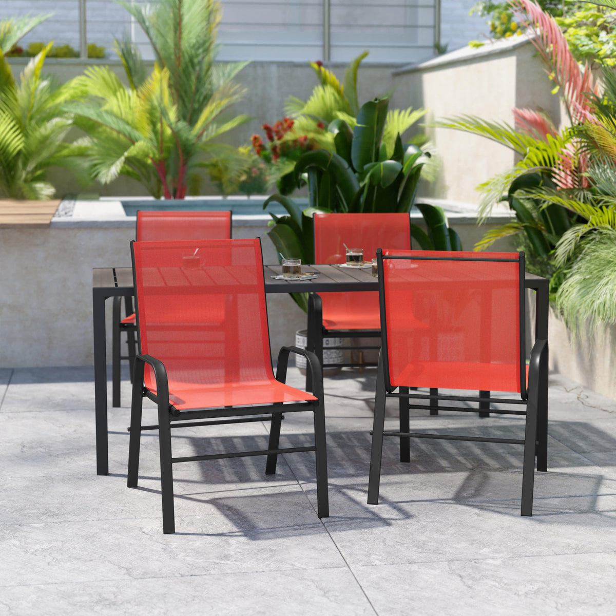 Red |#| 4 Pack Red Outdoor Stack Chair with Flex Comfort Material - Patio Stack Chair