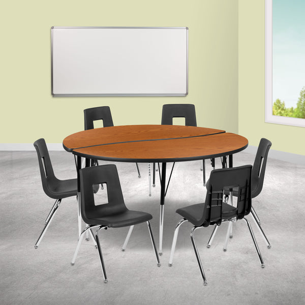 Oak |#| 60inch Circle Wave Activity Table Set with 18inch Student Stack Chairs, Oak/Black