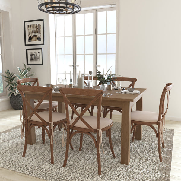 60inch x 38inch Antique Rustic Farm Table Set with 6 Cross Back Chairs and Cushions