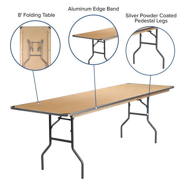 8-Foot Rectangular Birchwood Folding Banquet Table with Corner Guards