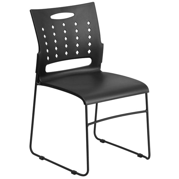 Black |#| 881 lb. Capacity Black Sled Base Stack Chair with Carry Handle and Air-Vent Back
