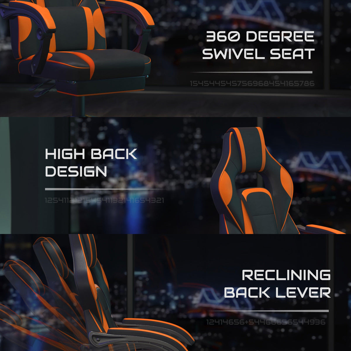 Black with Orange Trim |#| Fully Reclining Gaming Chair with Slideout Footrest, Lumbar Massage-Black/Orange