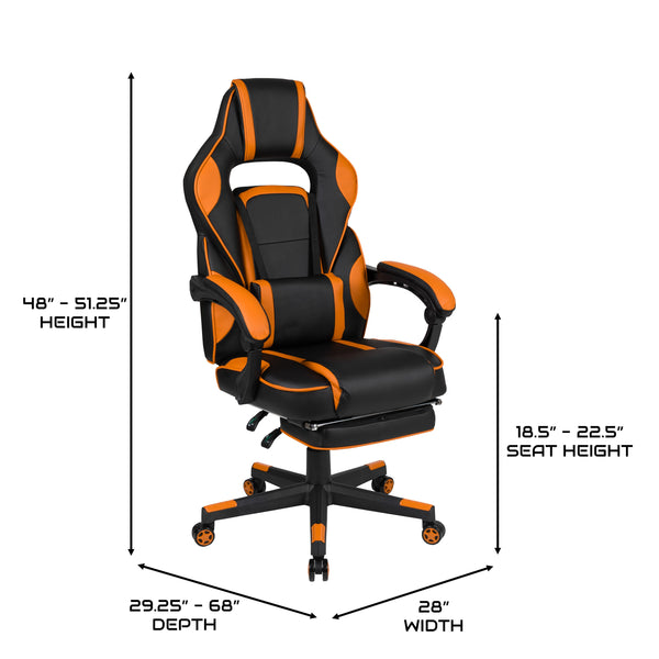 Black with Orange Trim |#| Fully Reclining Gaming Chair with Slideout Footrest, Lumbar Massage-Black/Orange