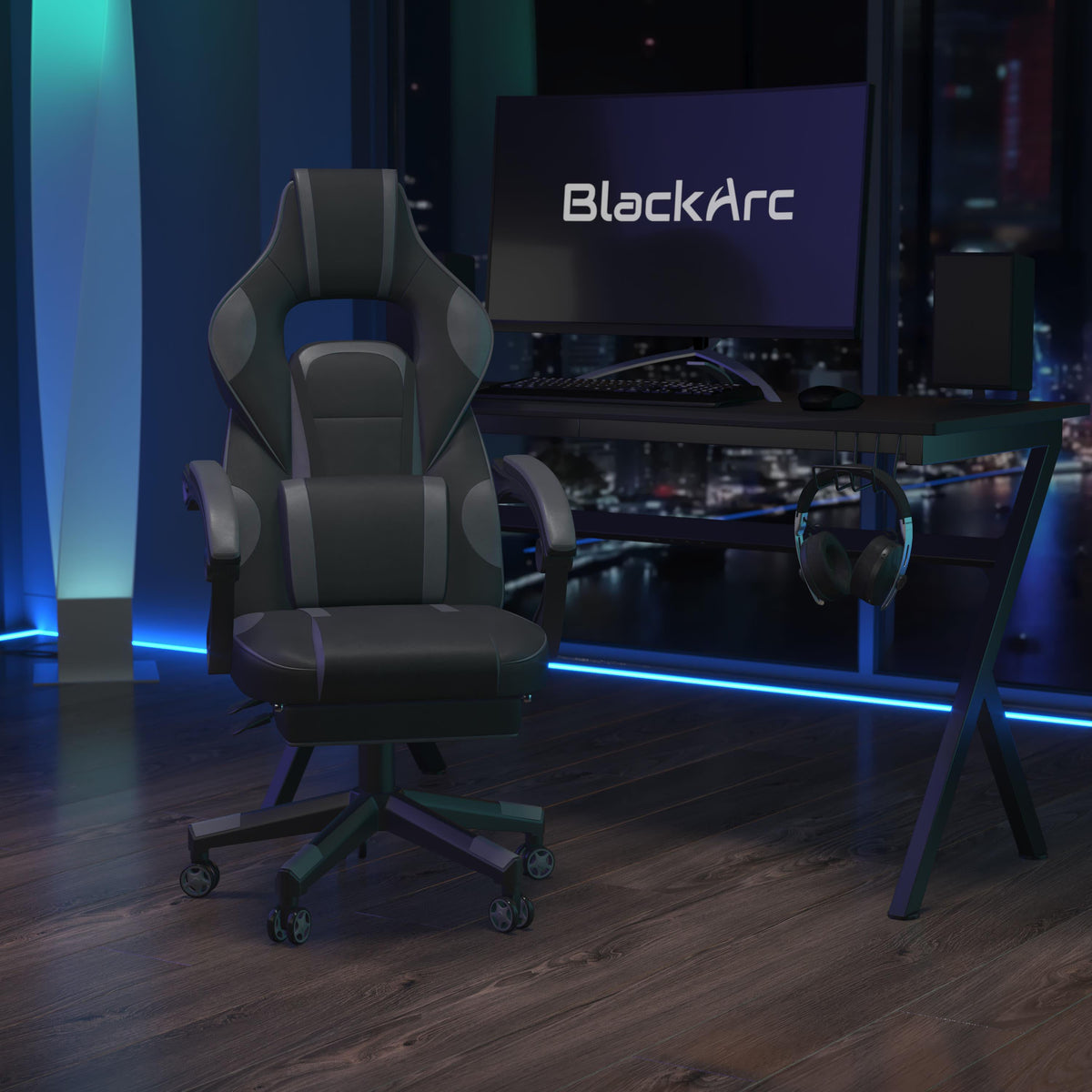 Black with Gray Trim |#| Fully Reclining Gaming Chair with Slideout Footrest, Lumbar Massage-Black/Gray