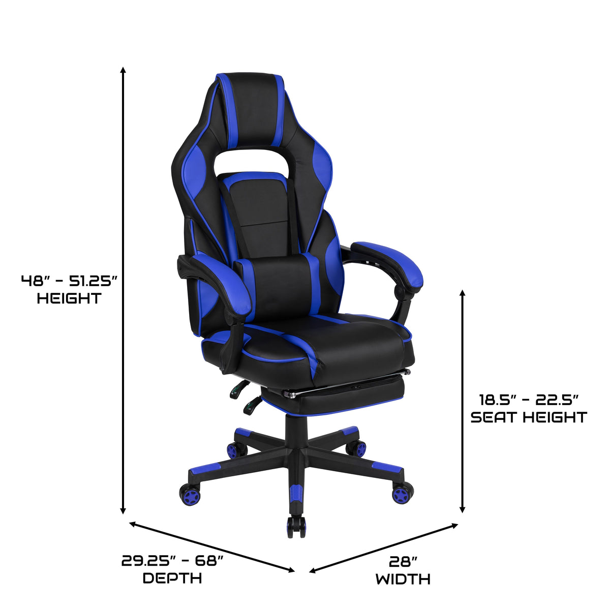 Black with Blue Trim |#| Fully Reclining Gaming Chair with Slideout Footrest, Lumbar Massage-Black/Blue