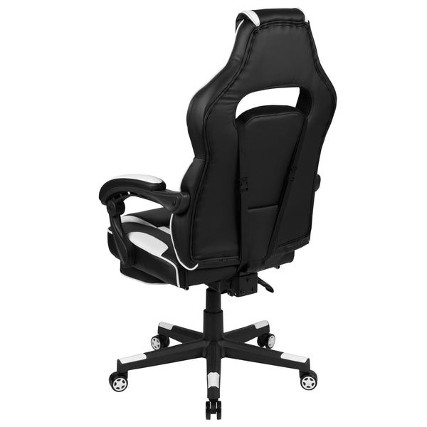 Black with White Trim |#| Fully Reclining Gaming Chair with Slideout Footrest, Lumbar Massage-Black/White