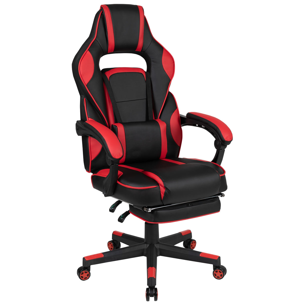 Black with Red Trim |#| Fully Reclining Gaming Chair with Slideout Footrest, Lumbar Massage-Black/Red