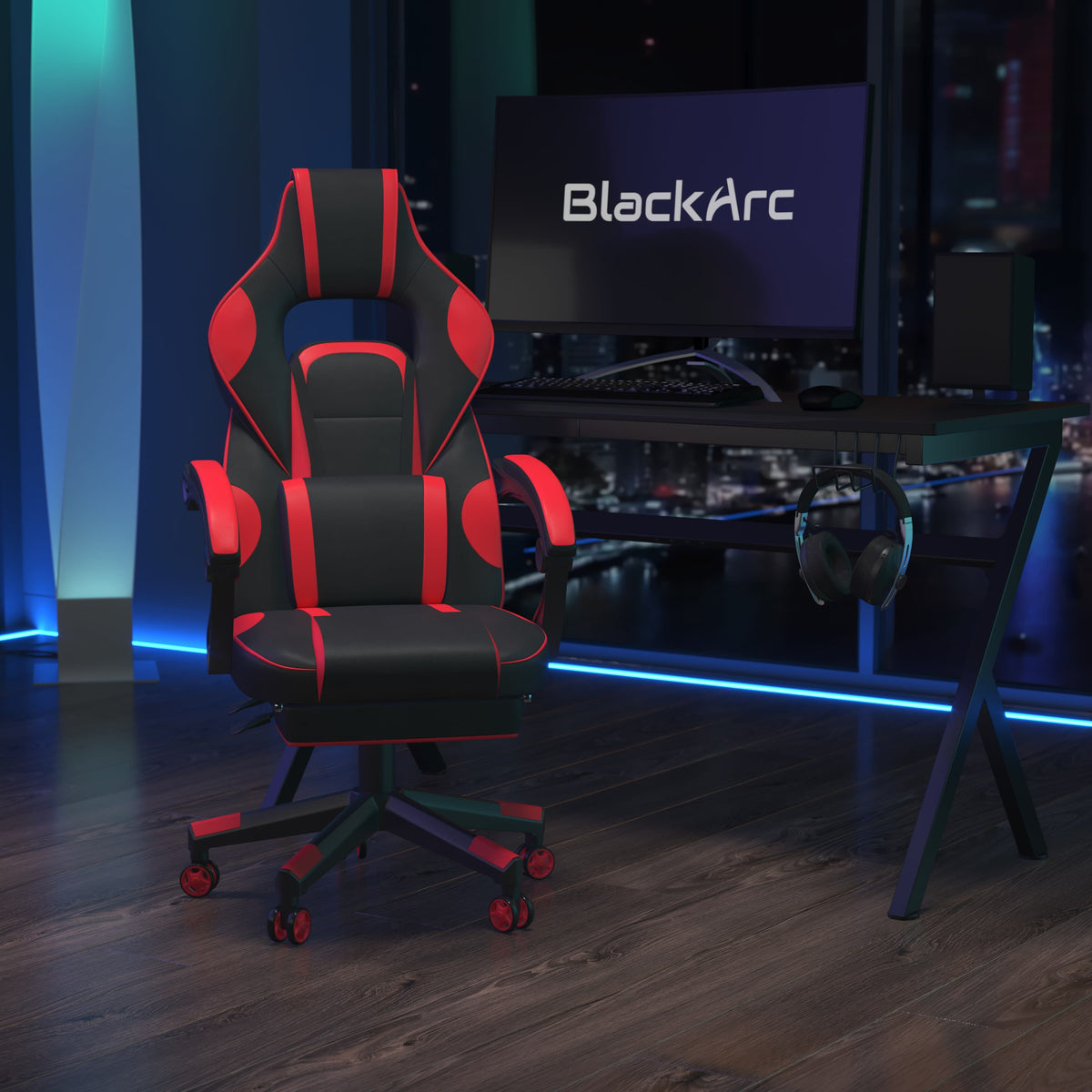 Black with Red Trim |#| Fully Reclining Gaming Chair with Slideout Footrest, Lumbar Massage-Black/Red