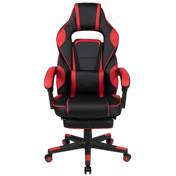 Black with Red Trim |#| Fully Reclining Gaming Chair with Slideout Footrest, Lumbar Massage-Black/Red