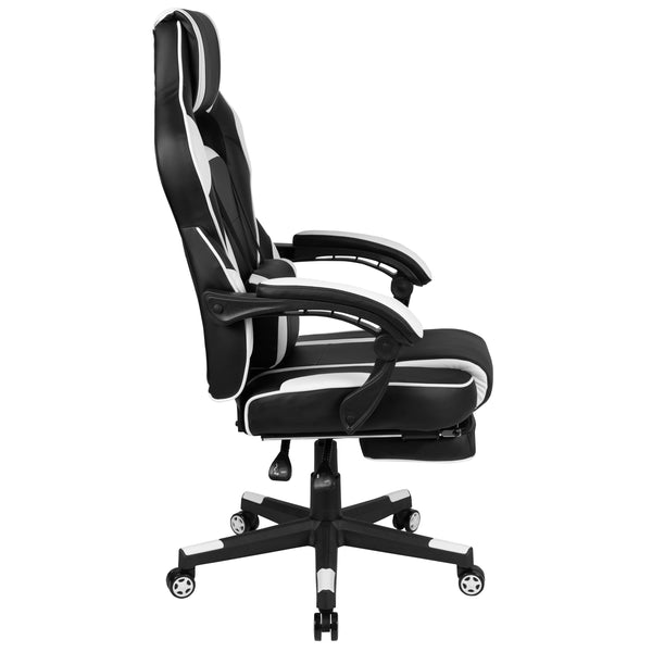 Black with White Trim |#| Fully Reclining Gaming Chair with Slideout Footrest, Lumbar Massage-Black/White