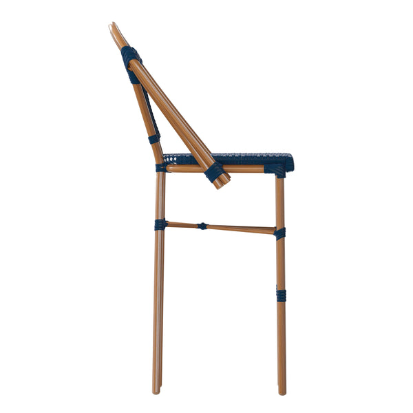 Navy & White/Natural Frame |#| All-Weather Commercial Paris Stool with Bamboo Print Metal Frame-Navy/White
