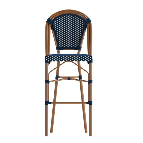 Navy & White/Natural Frame |#| All-Weather Commercial Paris Stool with Bamboo Print Metal Frame-Navy/White