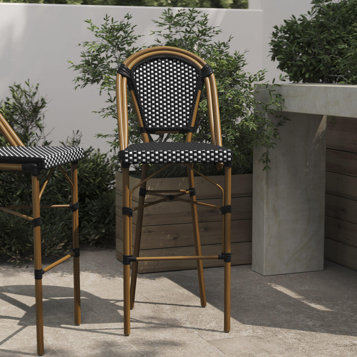 Black & White/Natural Frame |#| All-Weather Commercial Paris Stool with Bamboo Print Metal Frame-Black/White