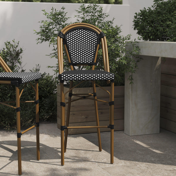 Black & White/Natural Frame |#| All-Weather Commercial Paris Stool with Bamboo Print Metal Frame-Black/White