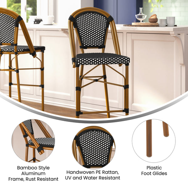 Black & White/Natural Frame |#| All-Weather Commercial Paris Stool with Bamboo Print Metal Frame-Black/White