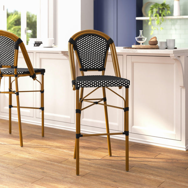 Black & White/Natural Frame |#| All-Weather Commercial Paris Stool with Bamboo Print Metal Frame-Black/White