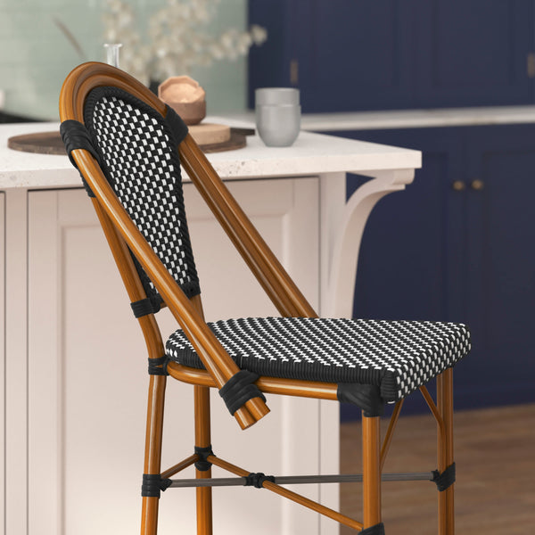 Black & White/Natural Frame |#| All-Weather Commercial Paris Stool with Bamboo Print Metal Frame-Black/White