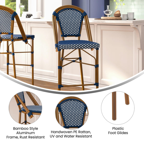 Navy & White/Natural Frame |#| All-Weather Commercial Paris Stool with Bamboo Print Metal Frame-Navy/White