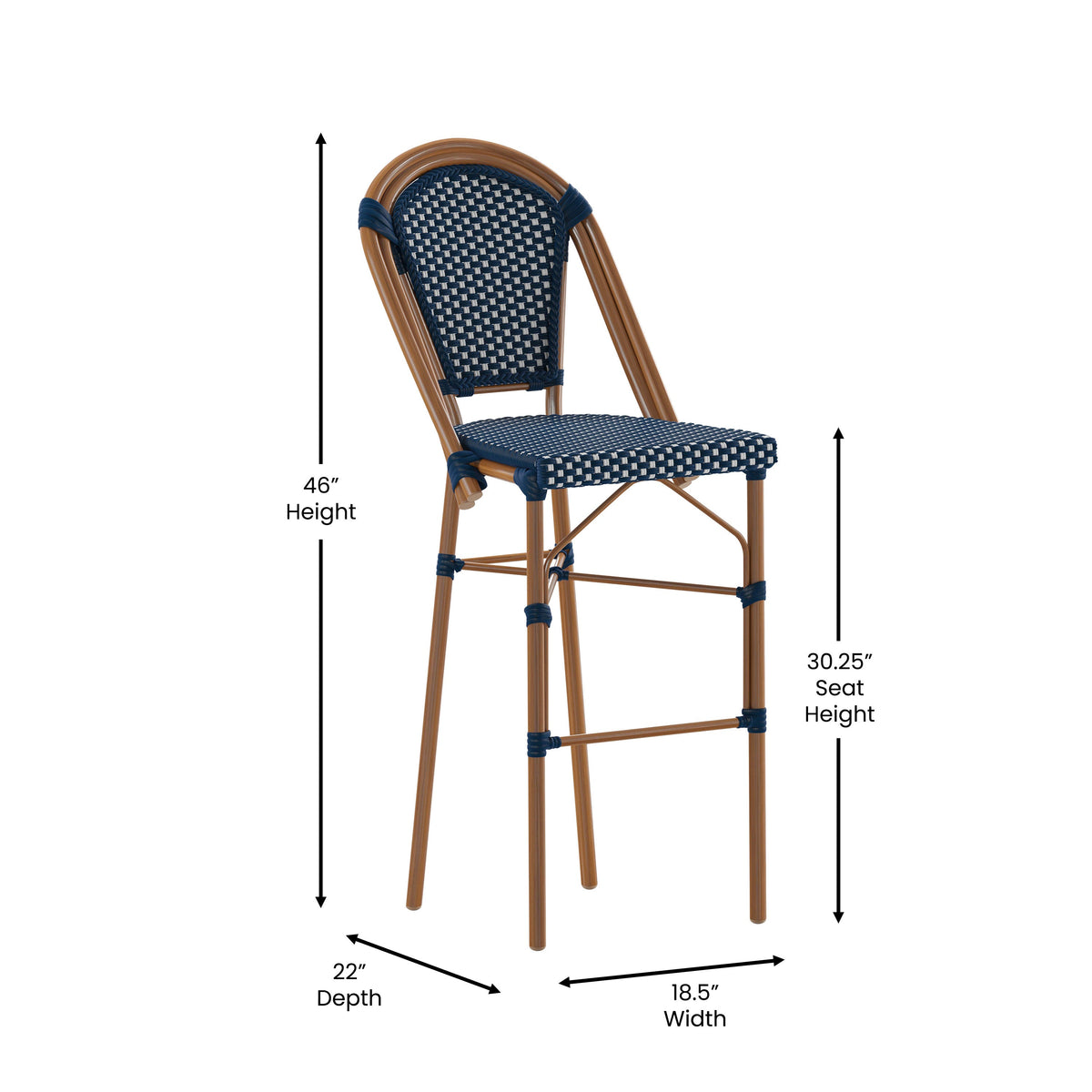 Navy & White/Natural Frame |#| All-Weather Commercial Paris Stool with Bamboo Print Metal Frame-Navy/White