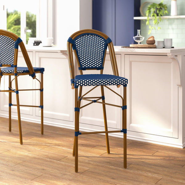 Navy & White/Natural Frame |#| All-Weather Commercial Paris Stool with Bamboo Print Metal Frame-Navy/White
