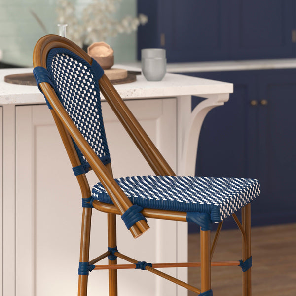 Navy & White/Natural Frame |#| All-Weather Commercial Paris Stool with Bamboo Print Metal Frame-Navy/White