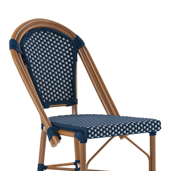 Navy & White/Natural Frame |#| All-Weather Commercial Paris Stool with Bamboo Print Metal Frame-Navy/White