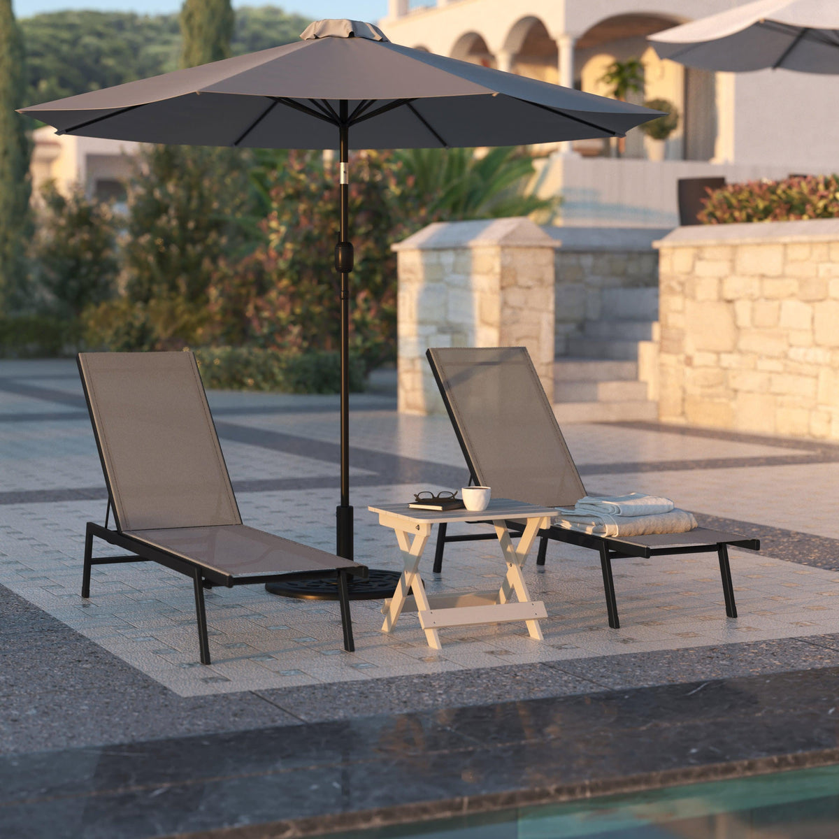 Brown |#| All-Weather Textilene Adjustable Chaise Lounge Chair - Black/Brown
