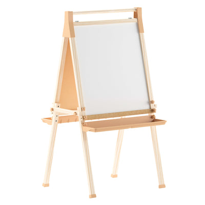 Bright Beginnings Commercial Classroom Freestanding Wood Art Easel with Chalk Board, Dry -Erase Board, 2 Trays, Paper Roller, Paper Tear Bar