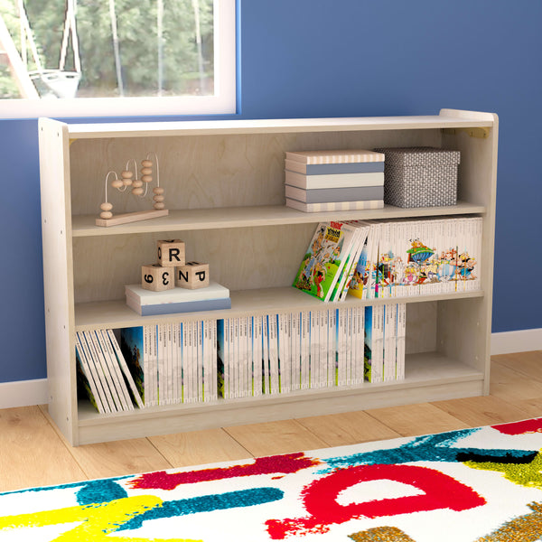 Commercial Grade Natural Finish Wooden Classroom Extra Wide 3 Shelf Storage Unit