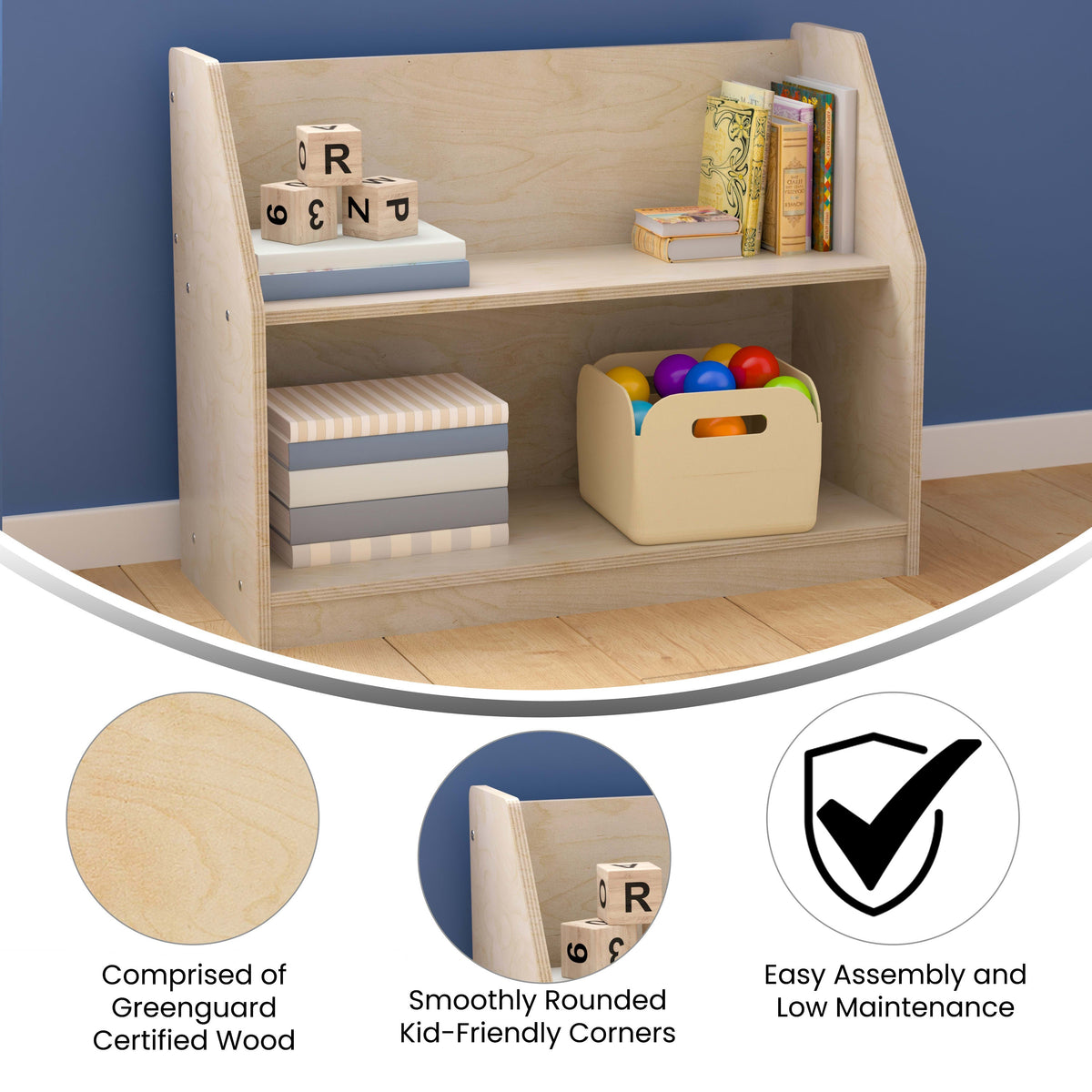 Commercial Grade Natural Finish Wooden Classroom 2 Tier Display Shelf Unit