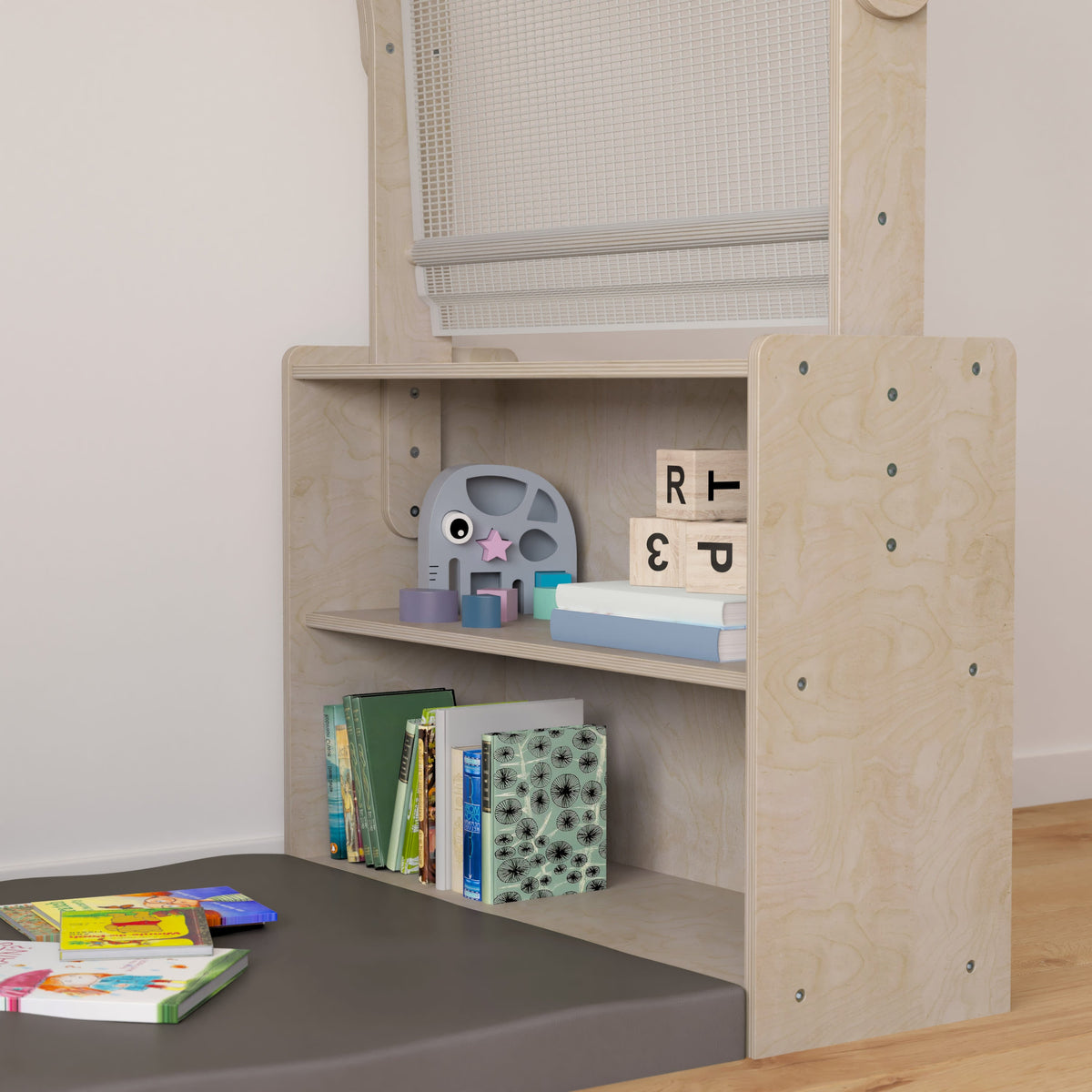 Commercial Grade Wooden Reading Nook with Shelves and Canopy