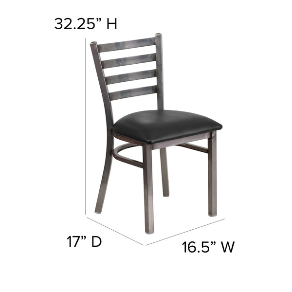 Black Vinyl Seat/Clear Coated Metal Frame |#| Clear Coated Ladder Back Metal Restaurant Chair - Black Vinyl Seat