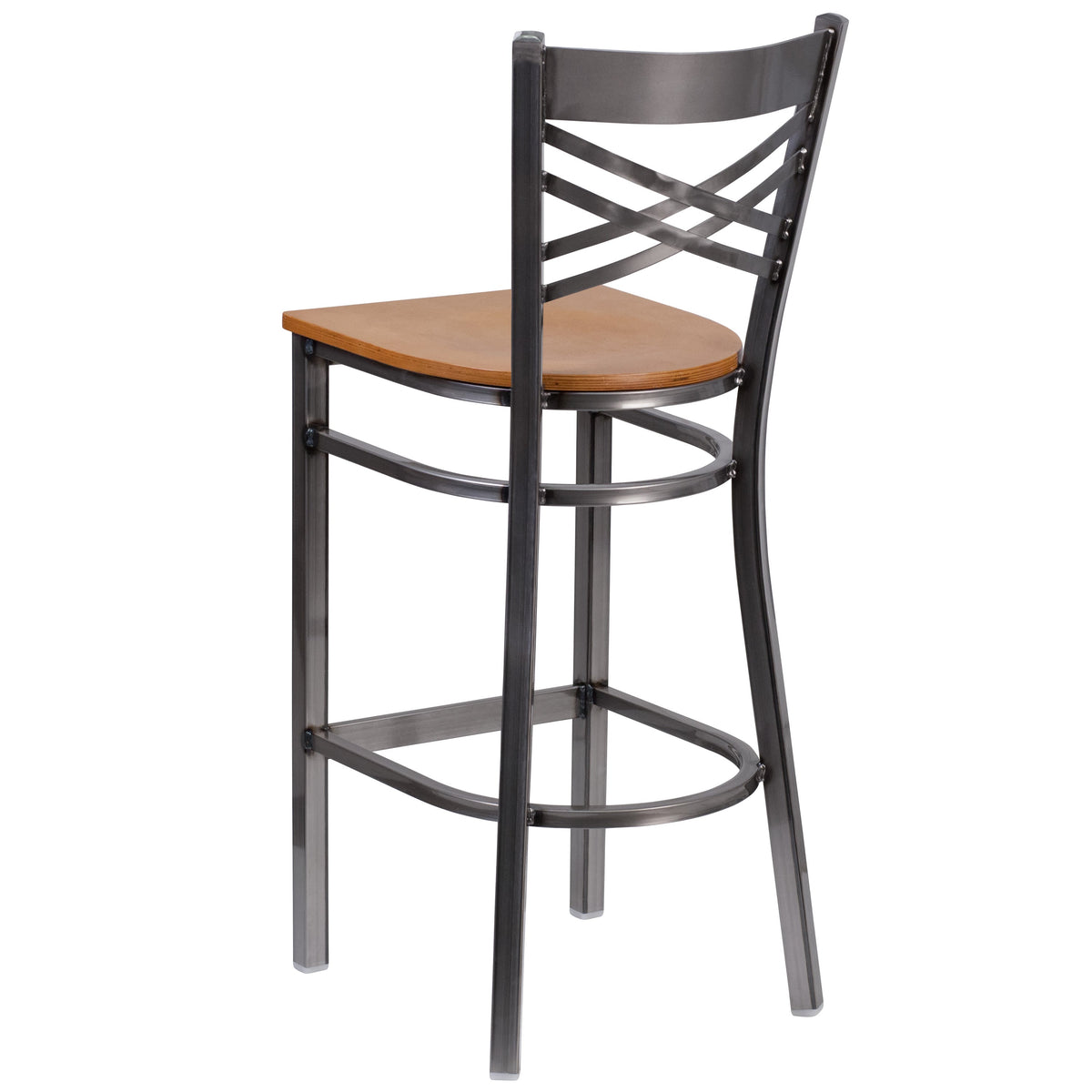 Natural Wood Seat/Clear Coated Metal Frame |#| Clear Coated "X" Back Metal Restaurant Barstool - Natural Wood Seat