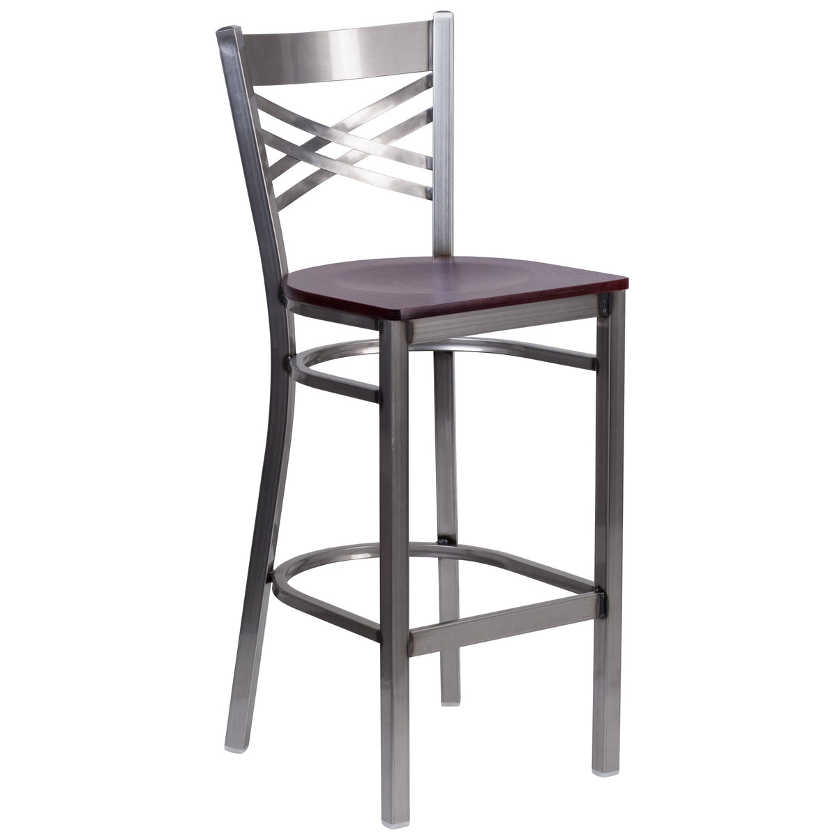 Mahogany Wood Seat/Clear Coated Metal Frame |#| Clear Coated "X" Back Metal Restaurant Barstool - Mahogany Wood Seat