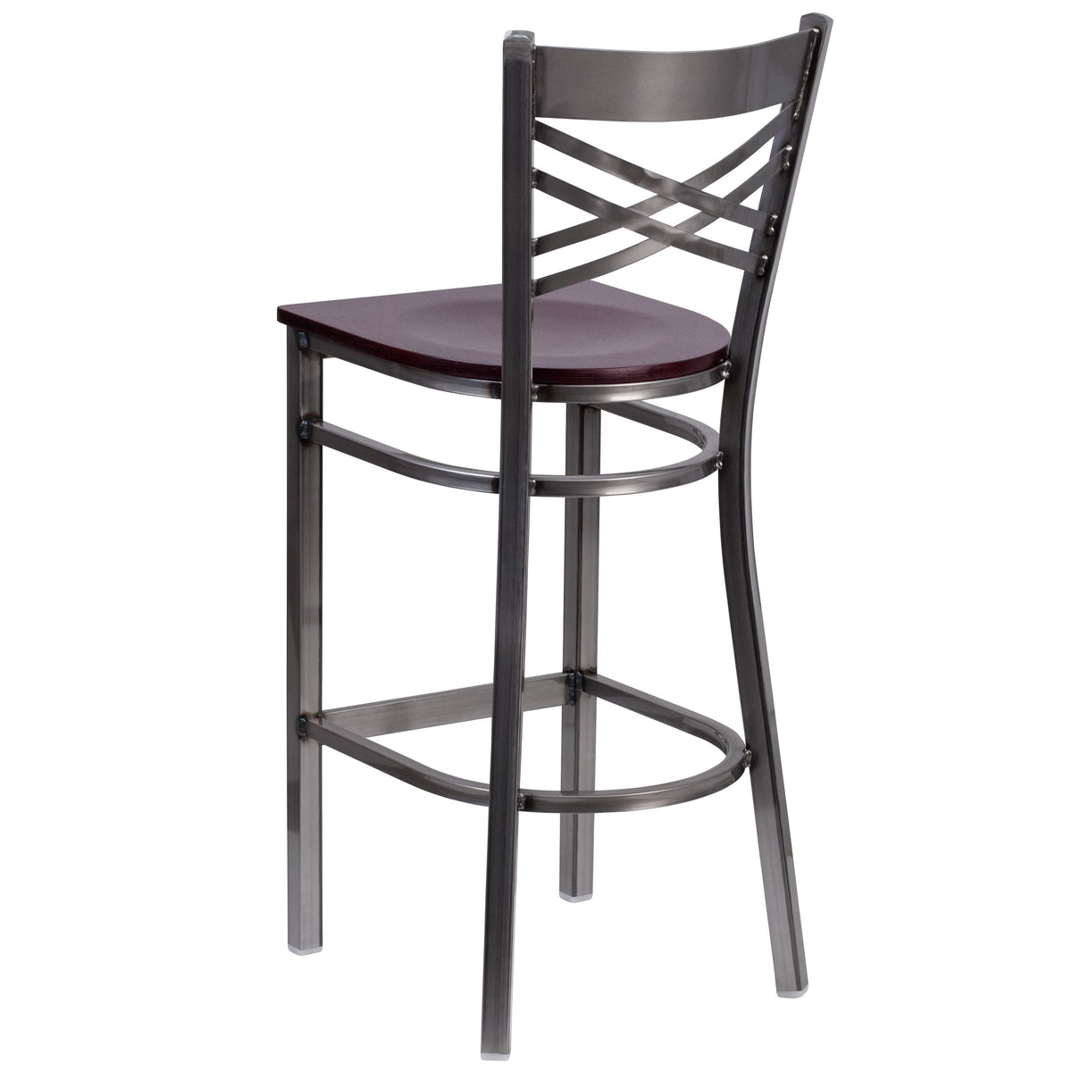 Mahogany Wood Seat/Clear Coated Metal Frame |#| Clear Coated "X" Back Metal Restaurant Barstool - Mahogany Wood Seat
