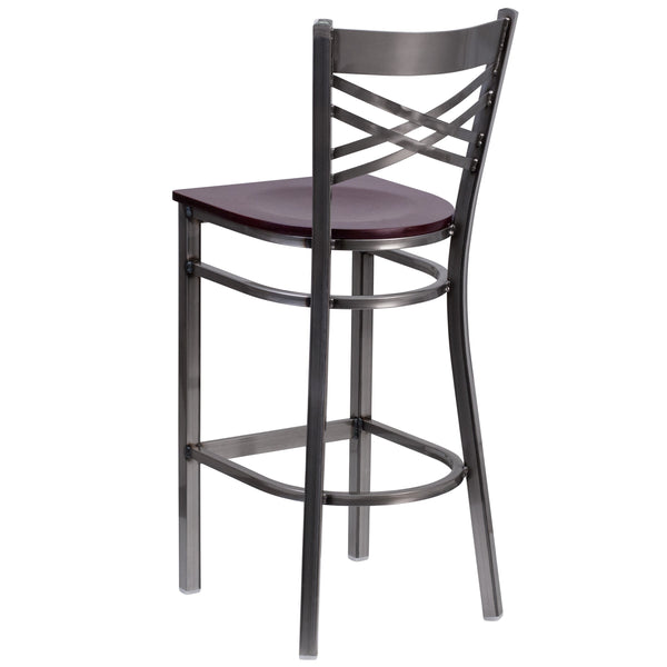 Mahogany Wood Seat/Clear Coated Metal Frame |#| Clear Coated "X" Back Metal Restaurant Barstool - Mahogany Wood Seat