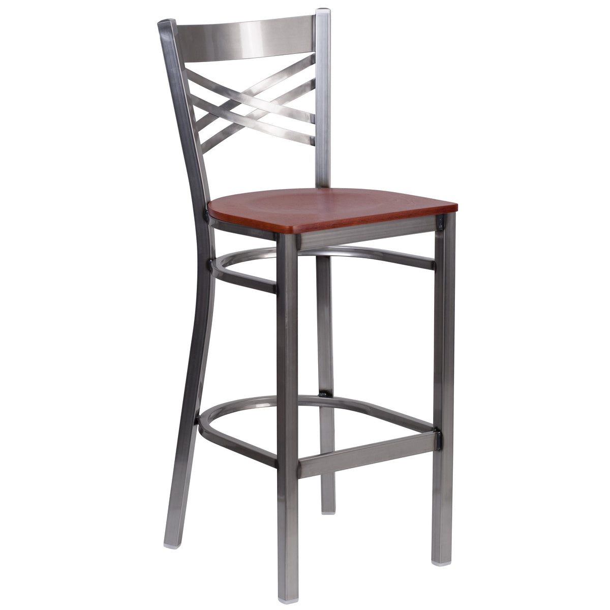 Cherry Wood Seat/Clear Coated Metal Frame |#| Clear Coated "X" Back Metal Restaurant Barstool - Cherry Wood Seat