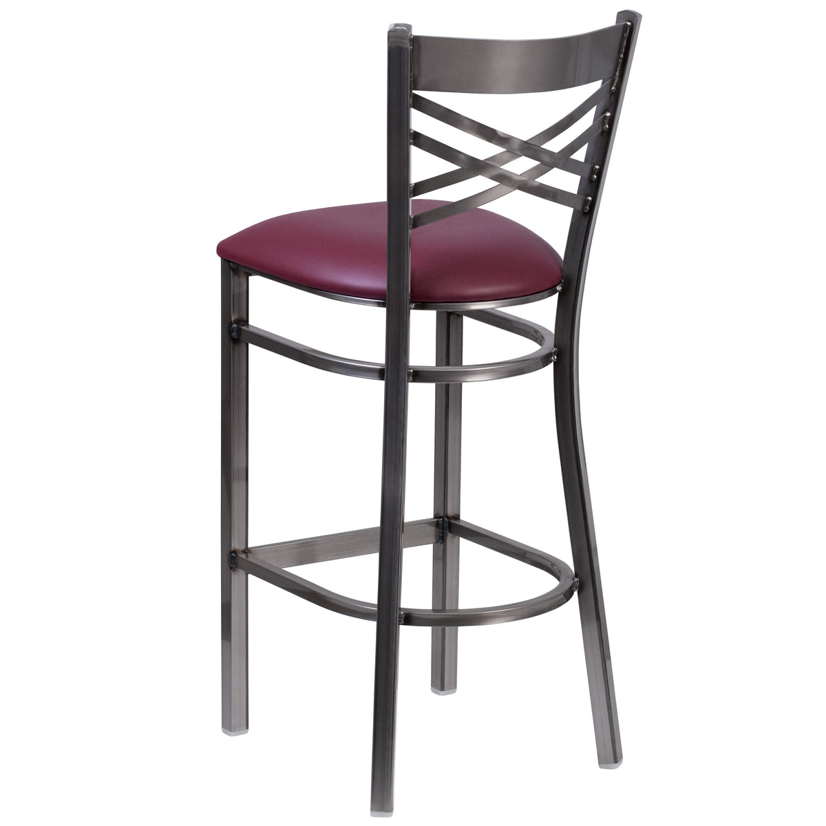 Burgundy Vinyl Seat/Clear Coated Metal Frame |#| Clear Coated "X" Back Metal Restaurant Barstool - Burgundy Vinyl Seat