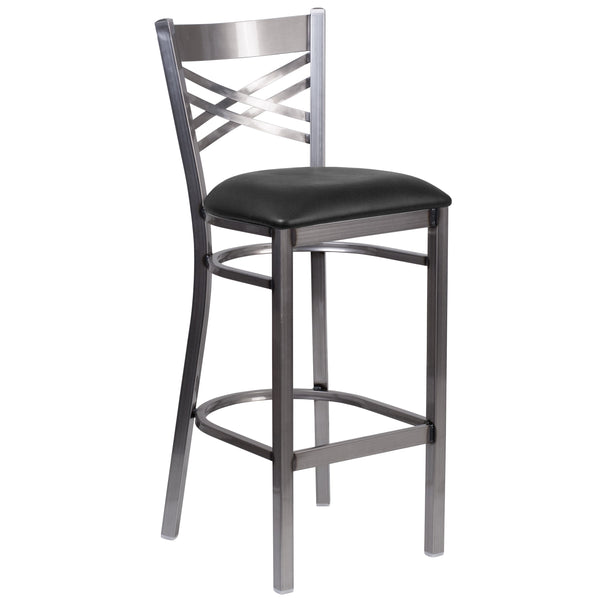 Black Vinyl Seat/Clear Coated Metal Frame |#| Clear Coated "X" Back Metal Restaurant Barstool - Black Vinyl Seat