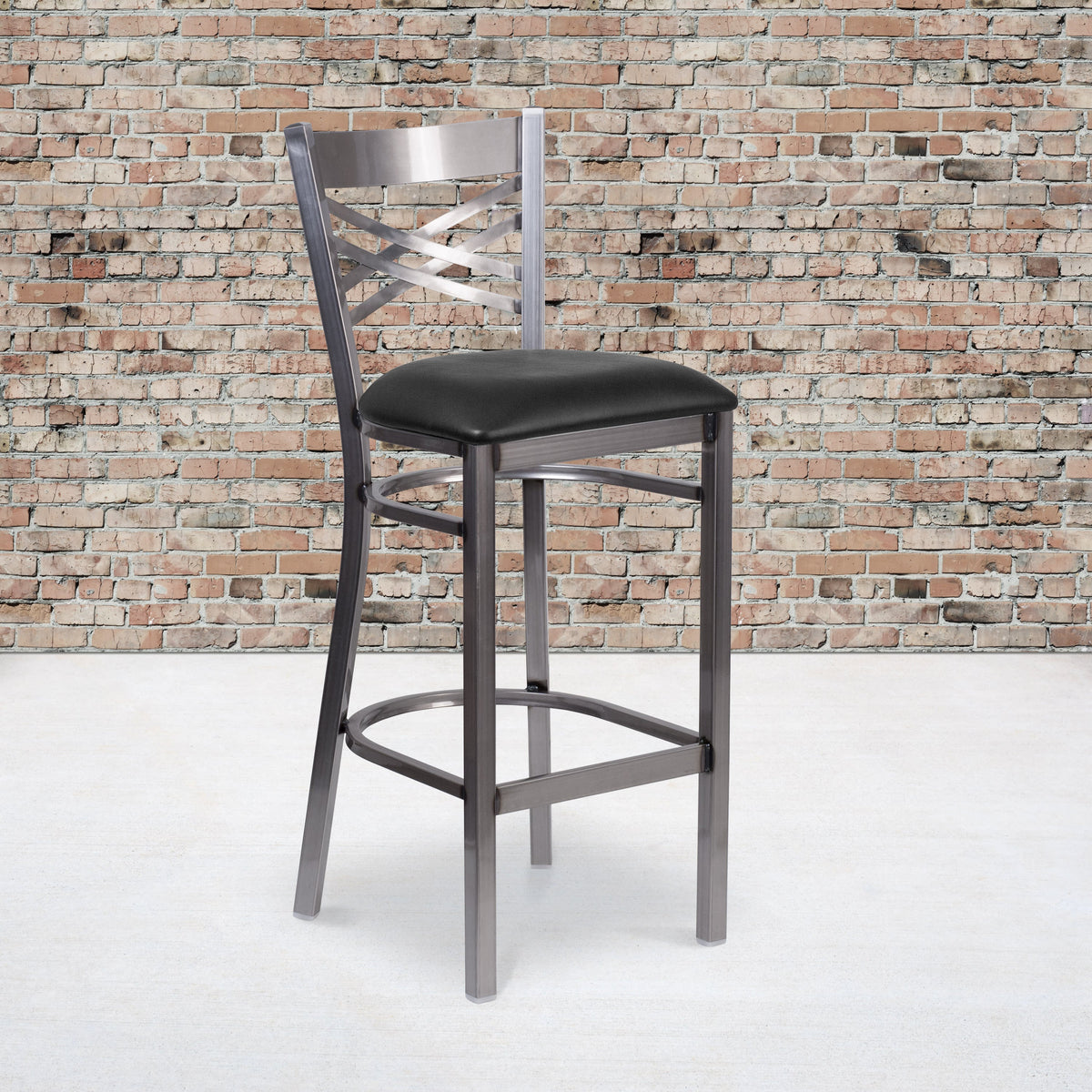 Black Vinyl Seat/Clear Coated Metal Frame |#| Clear Coated "X" Back Metal Restaurant Barstool - Black Vinyl Seat