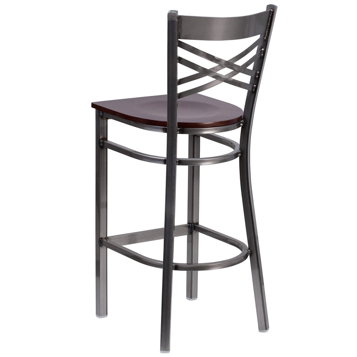 Walnut Wood Seat/Clear Coated Metal Frame |#| Clear Coated "X" Back Metal Restaurant Barstool - Walnut Wood Seat