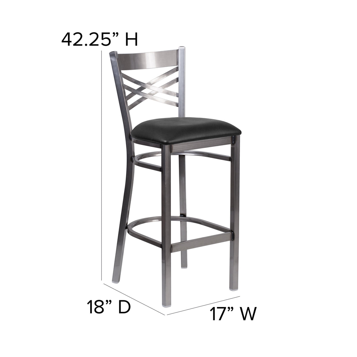 Black Vinyl Seat/Clear Coated Metal Frame |#| Clear Coated "X" Back Metal Restaurant Barstool - Black Vinyl Seat