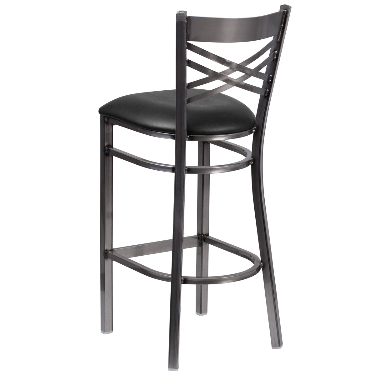 Black Vinyl Seat/Clear Coated Metal Frame |#| Clear Coated "X" Back Metal Restaurant Barstool - Black Vinyl Seat